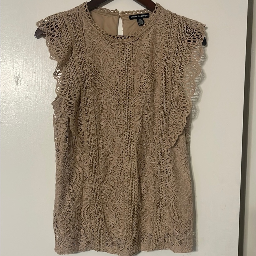 Cable & Gauge Brown Tan Ruffled Embellished Blouse